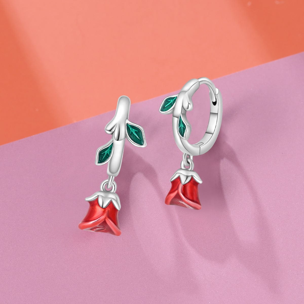 Amarante Jewelry Romantic Red Rose Drop Earrings with Enamel Leaves
