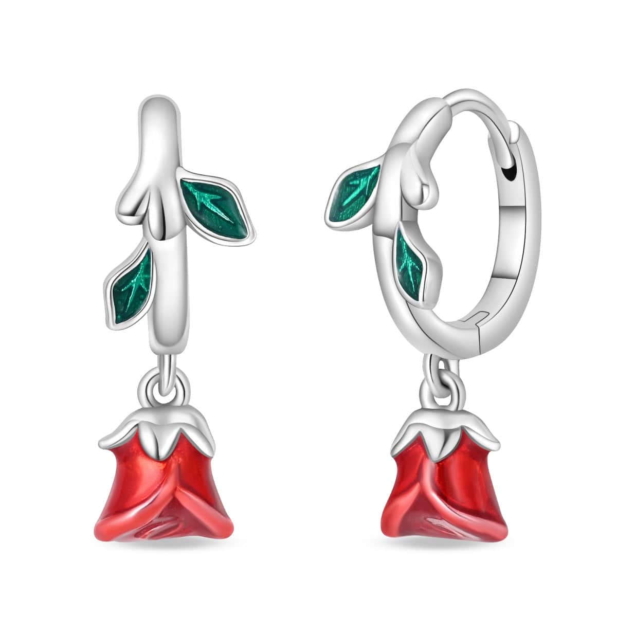 Amarante Jewelry Romantic Red Rose Drop Earrings with Enamel Leaves