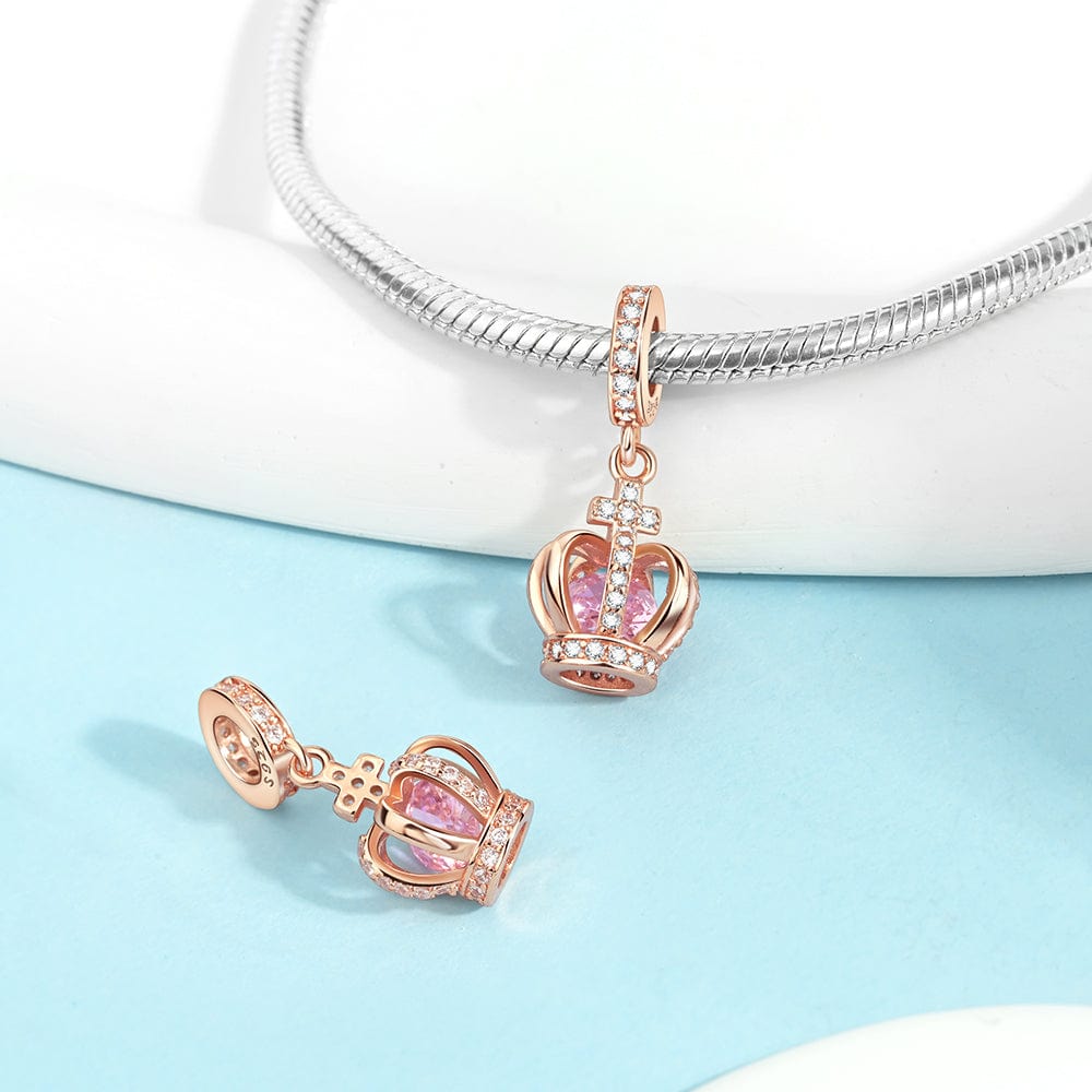 Amarante Jewelry Rose Gold Crown Charm with Pink Crystal & CZ Accents