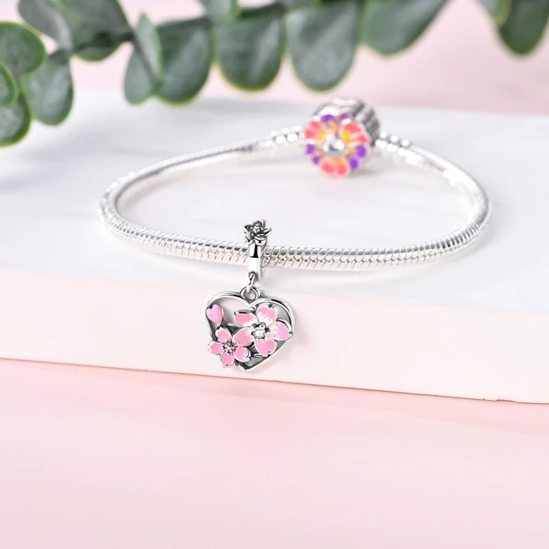 Amarante Jewelry Rotating Cherry Blossom Heart Dangle Charm