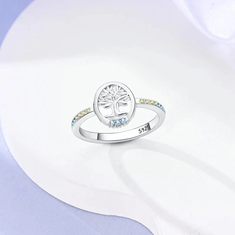 Amarante Jewelry S925 Sterling Silver Tree of Life Ring with Blue and Yellow Accents