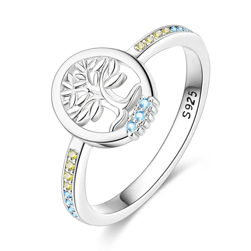 Amarante Jewelry S925 Sterling Silver Tree of Life Ring with Blue and Yellow Accents