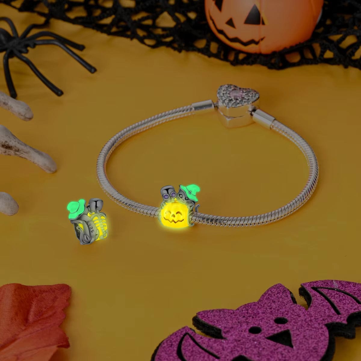 Amarante Jewelry Skeleton & Witch Cat on Pumpkin Charm