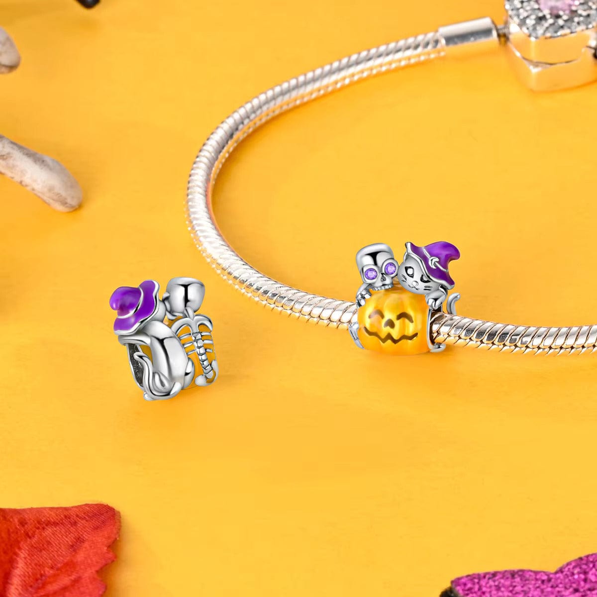 Amarante Jewelry Skeleton & Witch Cat on Pumpkin Charm