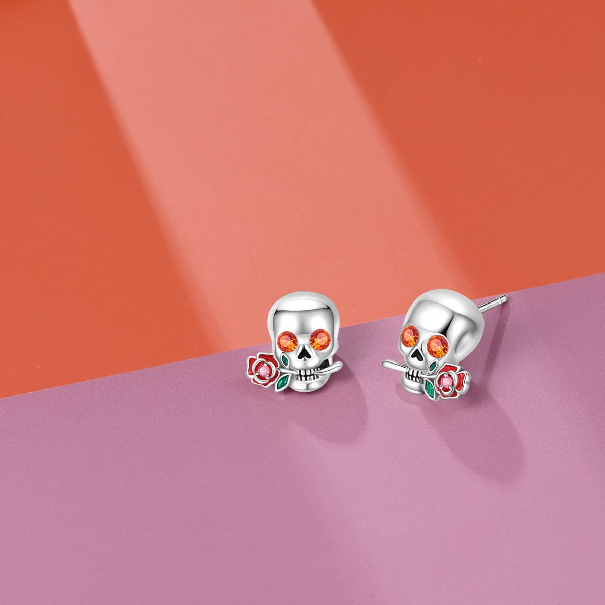 Amarante Jewelry Skull & Rose Crystal Stud Earrings with Enamel Accents