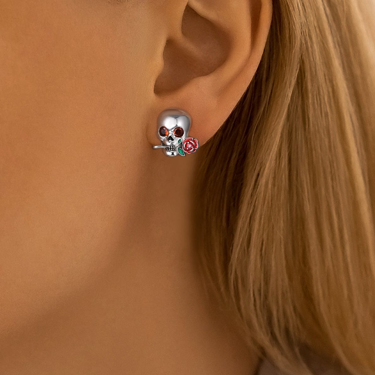 Amarante Jewelry Skull & Rose Crystal Stud Earrings with Enamel Accents
