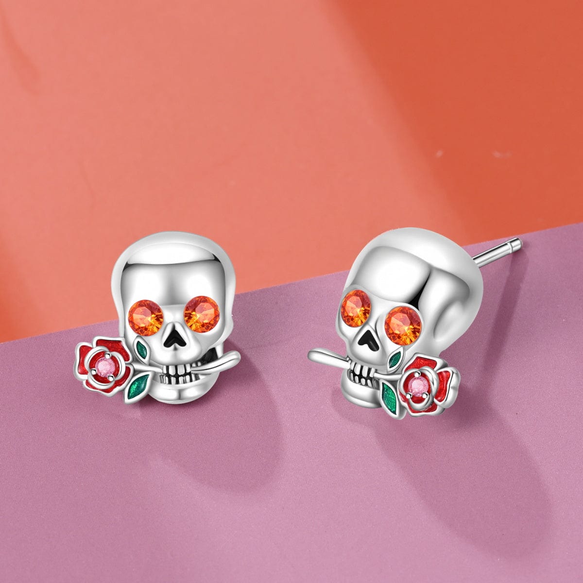 Amarante Jewelry Skull & Rose Crystal Stud Earrings with Enamel Accents