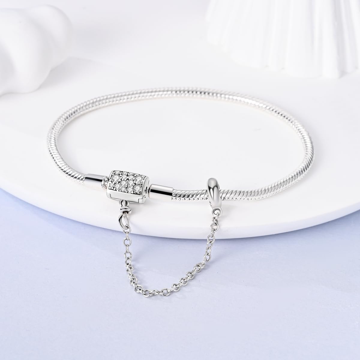 Amarante Jewelry Sterling Silver Bracelet with Sparkling Pavé Clasp and Safety Chain