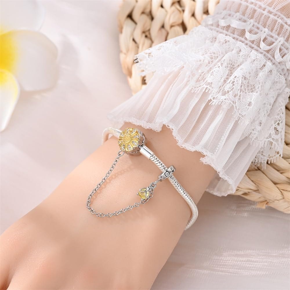 Amarante Jewelry Sunflower Charm Bracelet with Safety Chain and Dangle