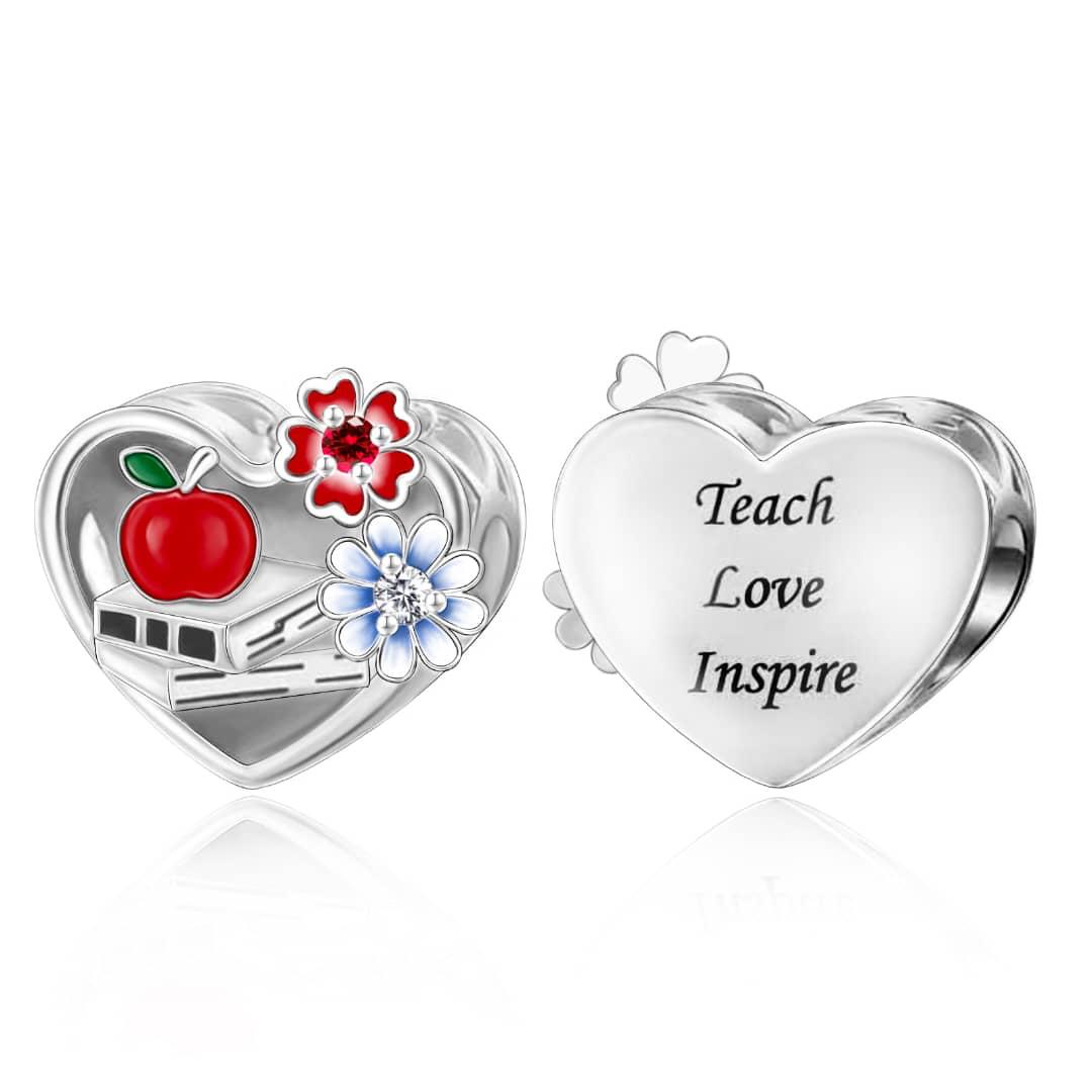 Amarante Jewelry Teacher Appreciation Apple & Books "Teach Love Inspire" Heart Charm