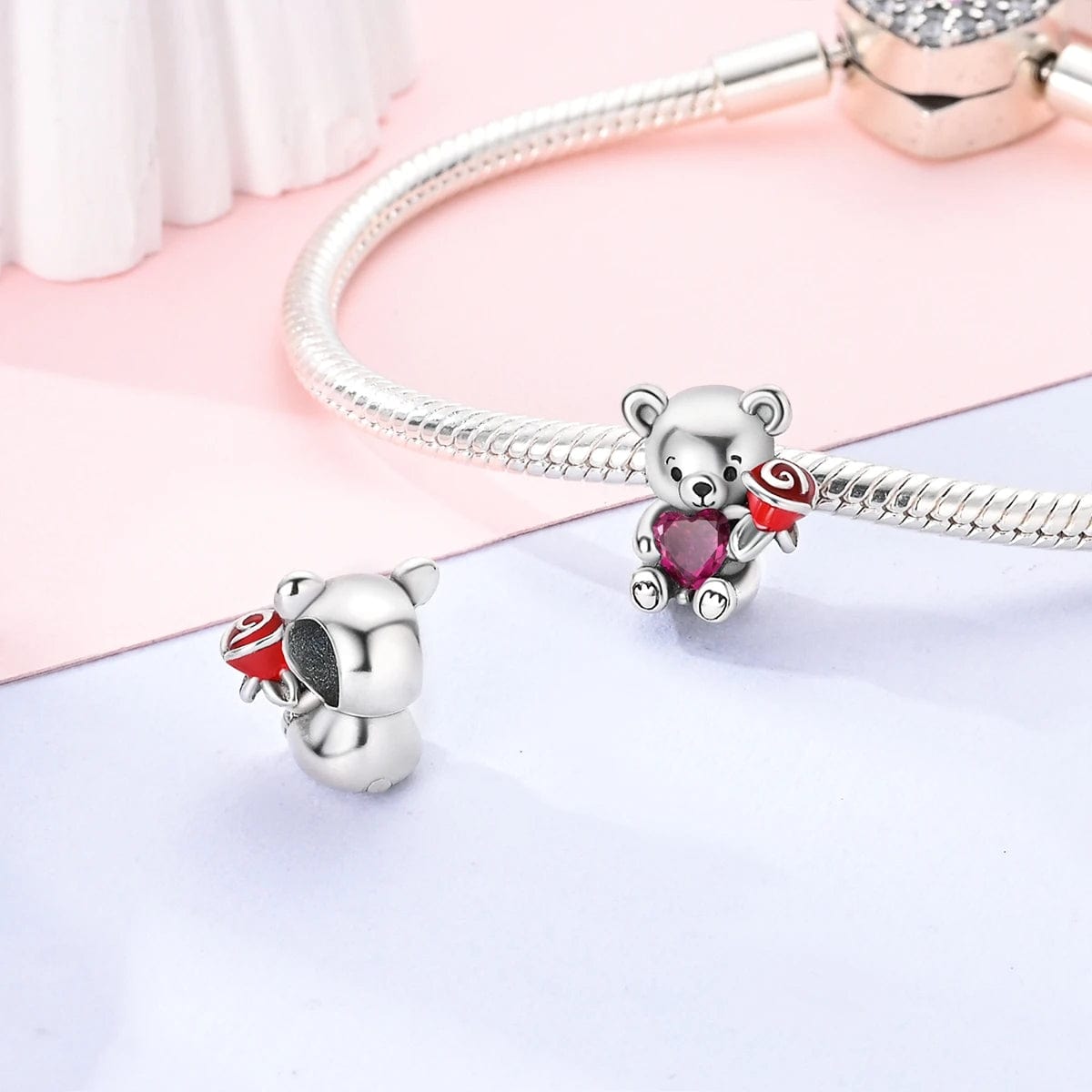 Amarante Jewelry Teddy Bear Holding a Heart & Rose Love Charm