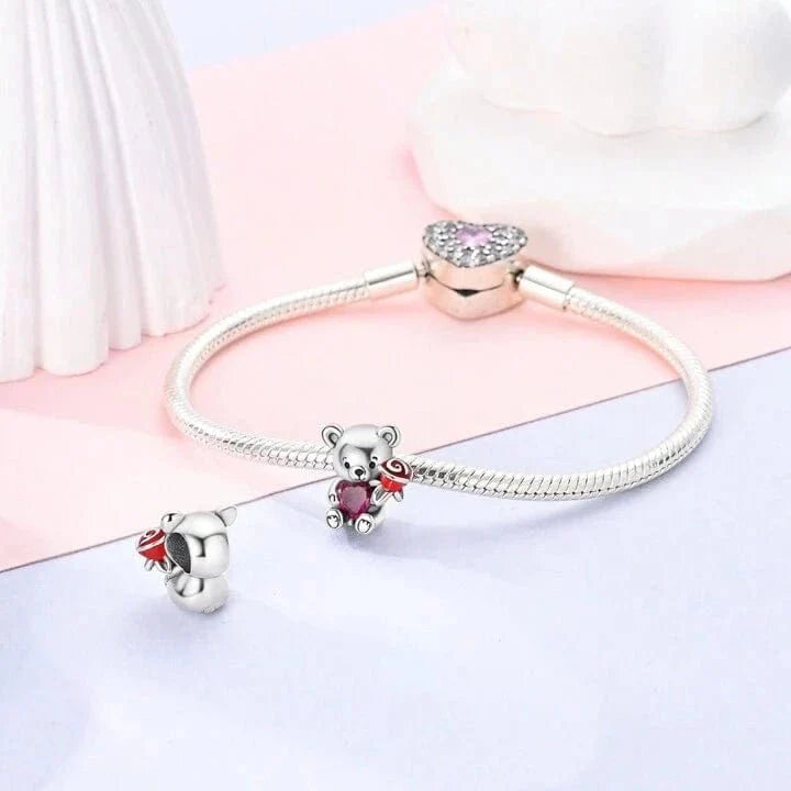 Amarante Jewelry Teddy Bear Holding a Heart & Rose Love Charm