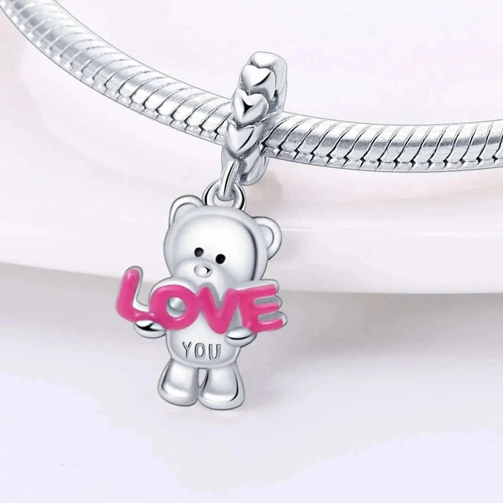 Amarante Jewelry Teddy Bear Holding 'Love You' Pink Dangle Charm