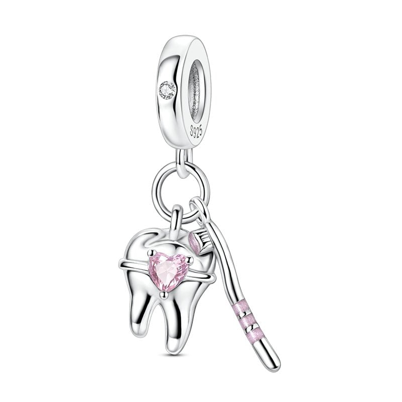 Amarante Jewelry Tooth & Toothbrush Pink Heart Dangle Charm