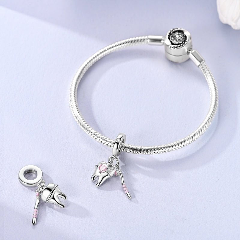 Amarante Jewelry Tooth & Toothbrush Pink Heart Dangle Charm