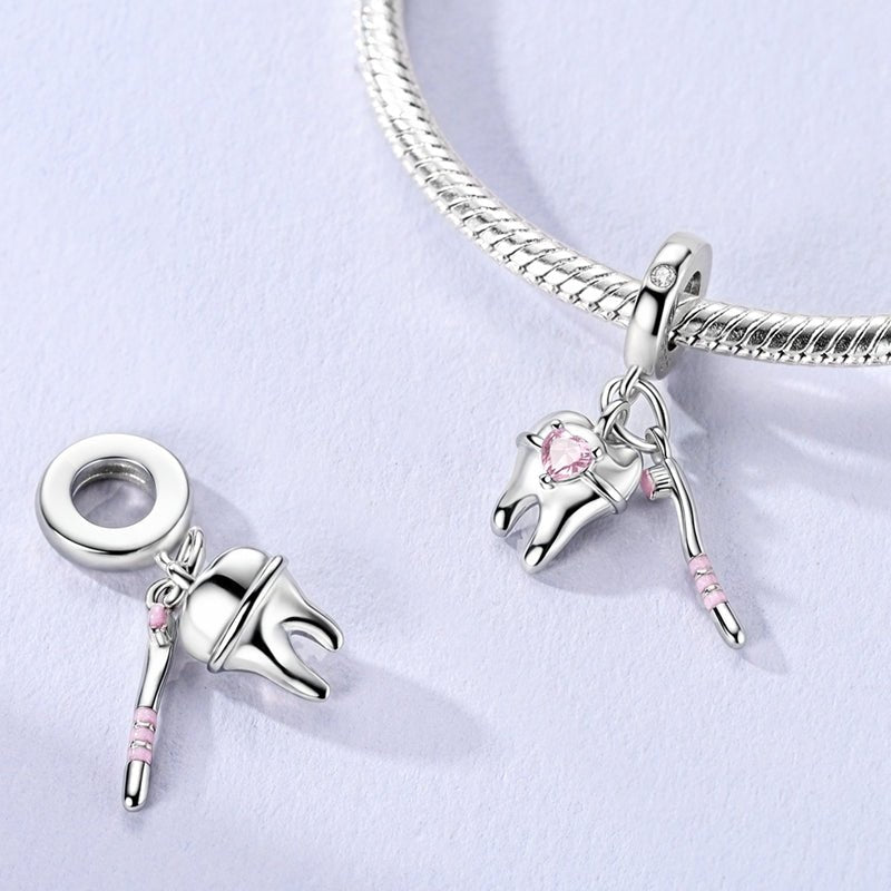 Amarante Jewelry Tooth & Toothbrush Pink Heart Dangle Charm