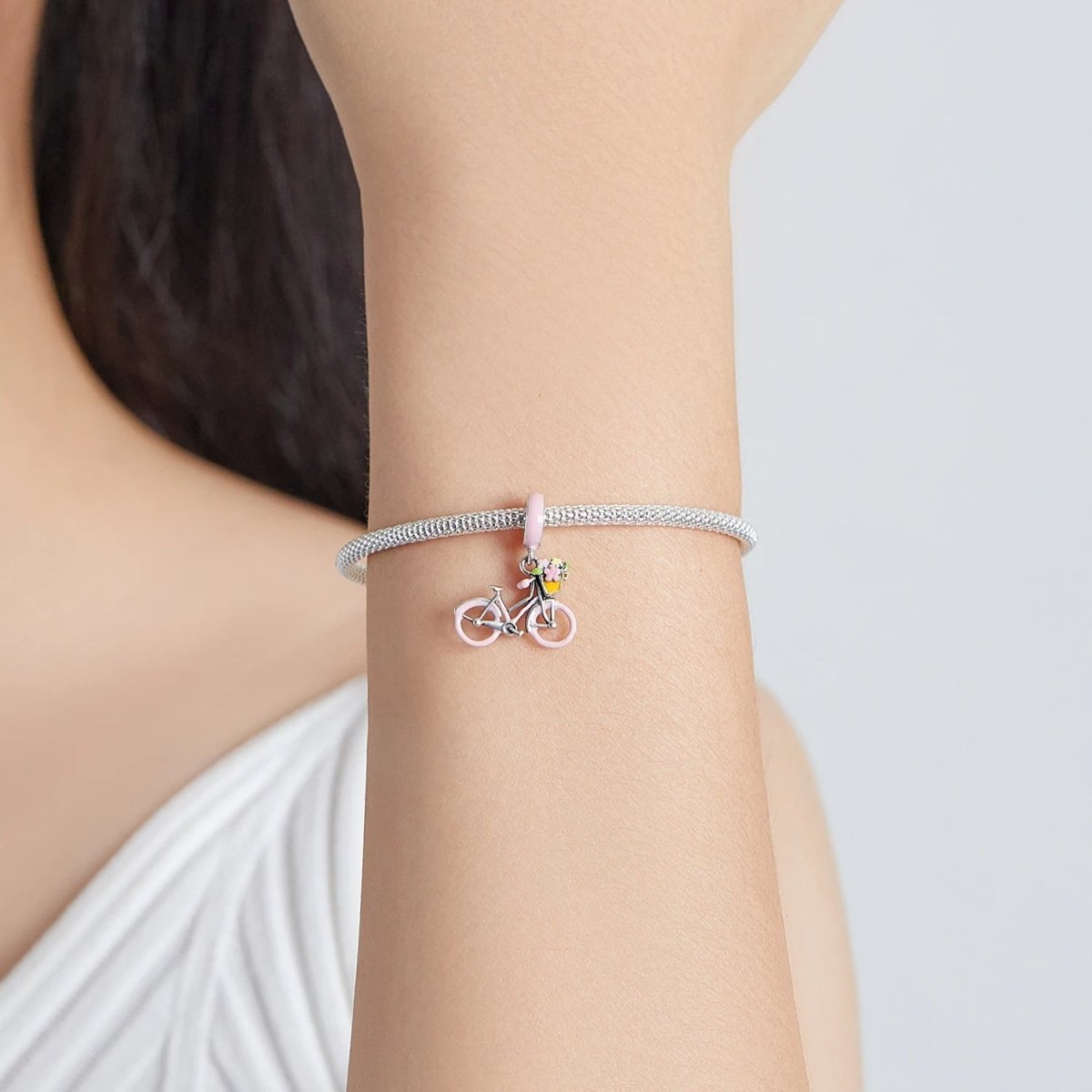 Amarante Jewelry Pink Bicycle with Flower Basket Dangle Charm