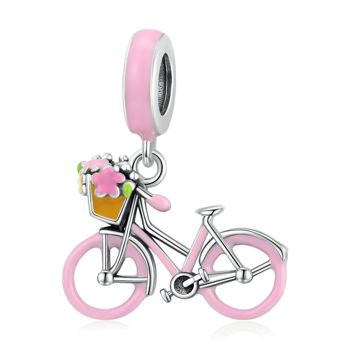 Amarante Jewelry Pink Bicycle with Flower Basket Dangle Charm