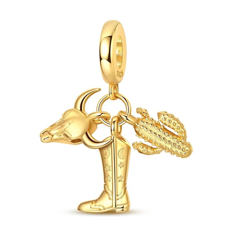 Amarante Jewelry Western Cowboy Boot, Bull Skull & Cactus Dangle Charm