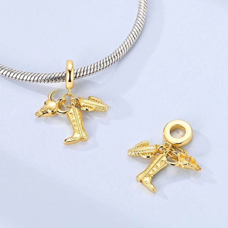 Amarante Jewelry Western Cowboy Boot, Bull Skull & Cactus Dangle Charm