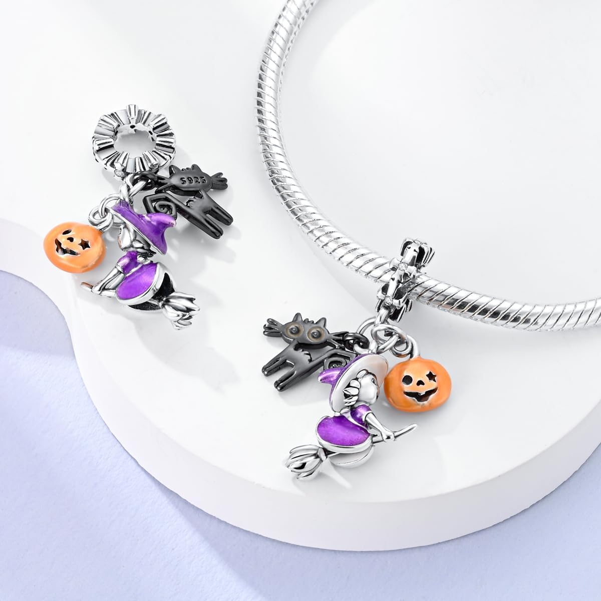 Amarante Jewelry Witch on Broomstick, Luminous Cat & Pumpkin Triple Dangle Charm