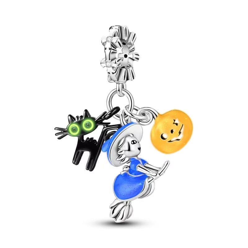 Amarante Jewelry Witch on Broomstick, Luminous Cat & Pumpkin Triple Dangle Charm
