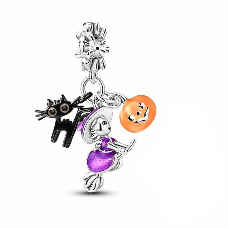 Amarante Jewelry Witch on Broomstick, Luminous Cat & Pumpkin Triple Dangle Charm
