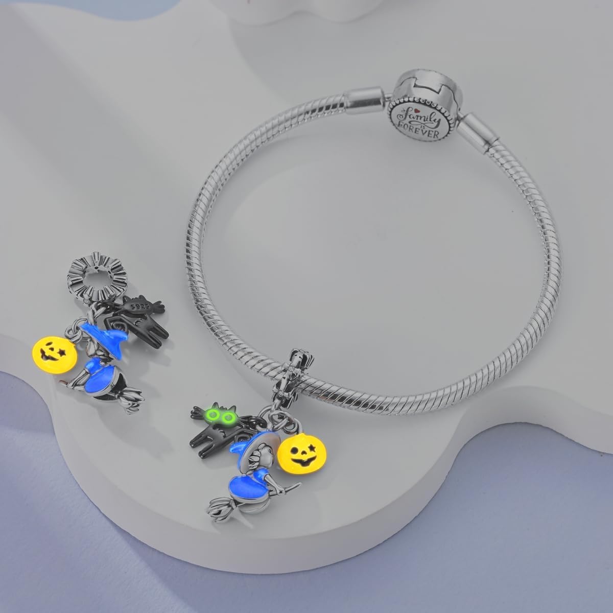 Amarante Jewelry Witch on Broomstick, Luminous Cat & Pumpkin Triple Dangle Charm