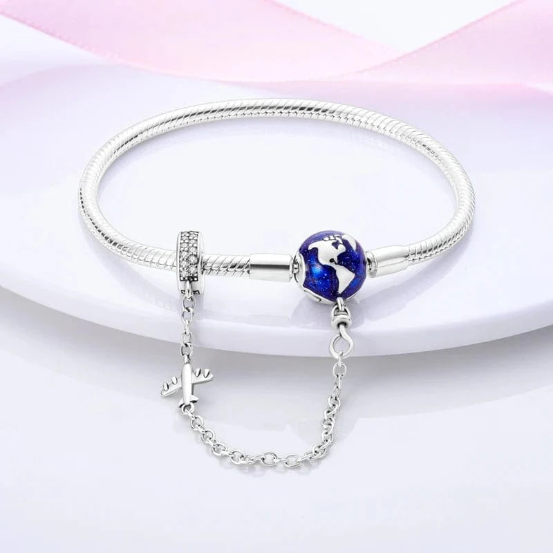 Amarante Jewelry World Globe Charm Bracelet with Airplane and Safety Chain