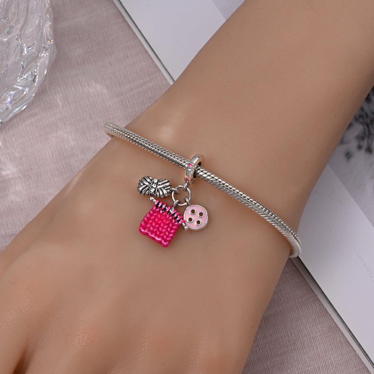Amarante Jewelry Yarn, Knitted Fabric, & Button Charm